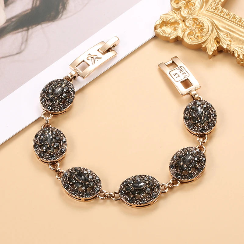 Charm Boho Women Link Bracelet Antique Gold Color Gray Crystal Ethnic Wedding Bridal Vintage Jewelry Russia Accessories
