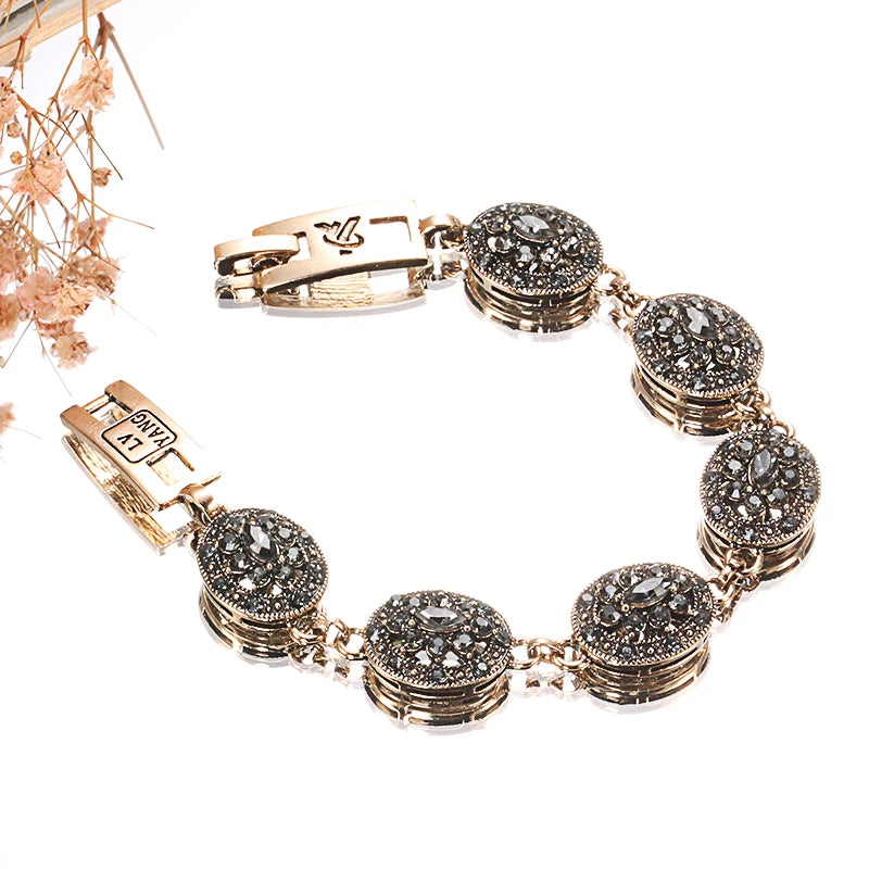 Charm Boho Women Link Bracelet Antique Gold Color Gray Crystal Ethnic Wedding Bridal Vintage Jewelry Russia Accessories