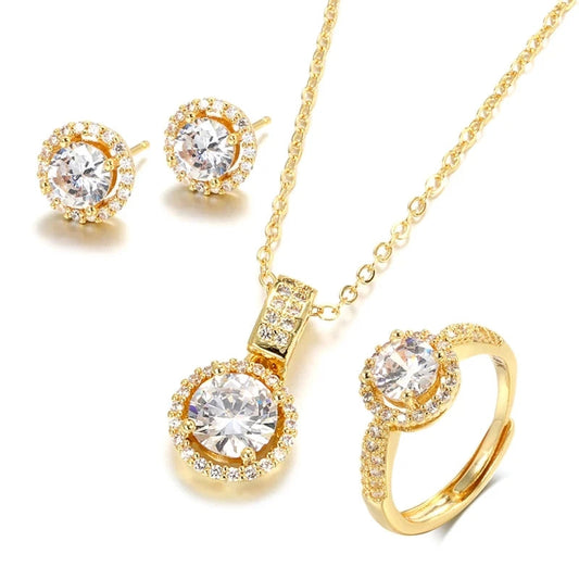 18K Gold Zircon Jewelry Sets Engagement Ring Necklace Earring for Bridal Wedding Jewelry Valentine's Day Gift for Women